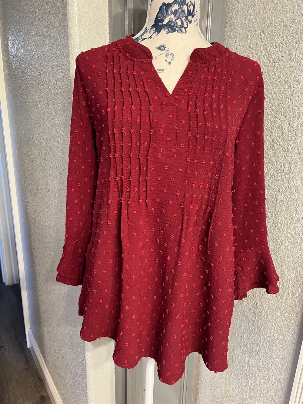 Women's Red Textured Pintuck Blouse